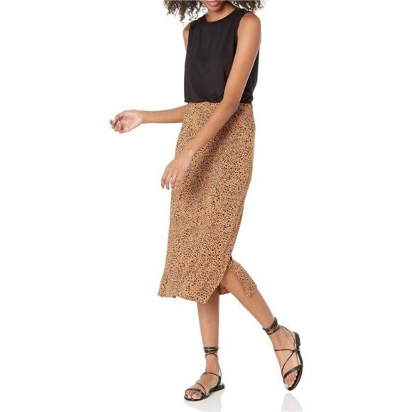 Womens Pull On Midi Skirt Stretch Jersey Knit Elastic Waist Side Slit Skirt - Picture 4 of 7